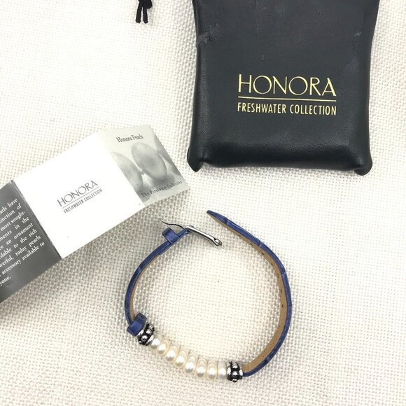 Vintage QVC Honora Double Row Pearl Blue Genuine Leather Buckle Bracelet - Picture 2 of 10